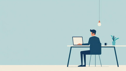 A man sits at a table, focused on his laptop, surrounded by a vibrant atmosphere in a stylish cartoon design.