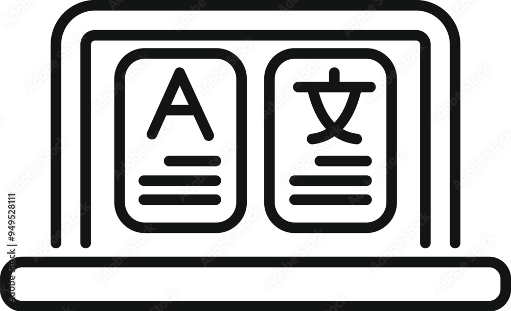 Poster laptop is displaying a language translation app interface, highlighting the concept of global commun