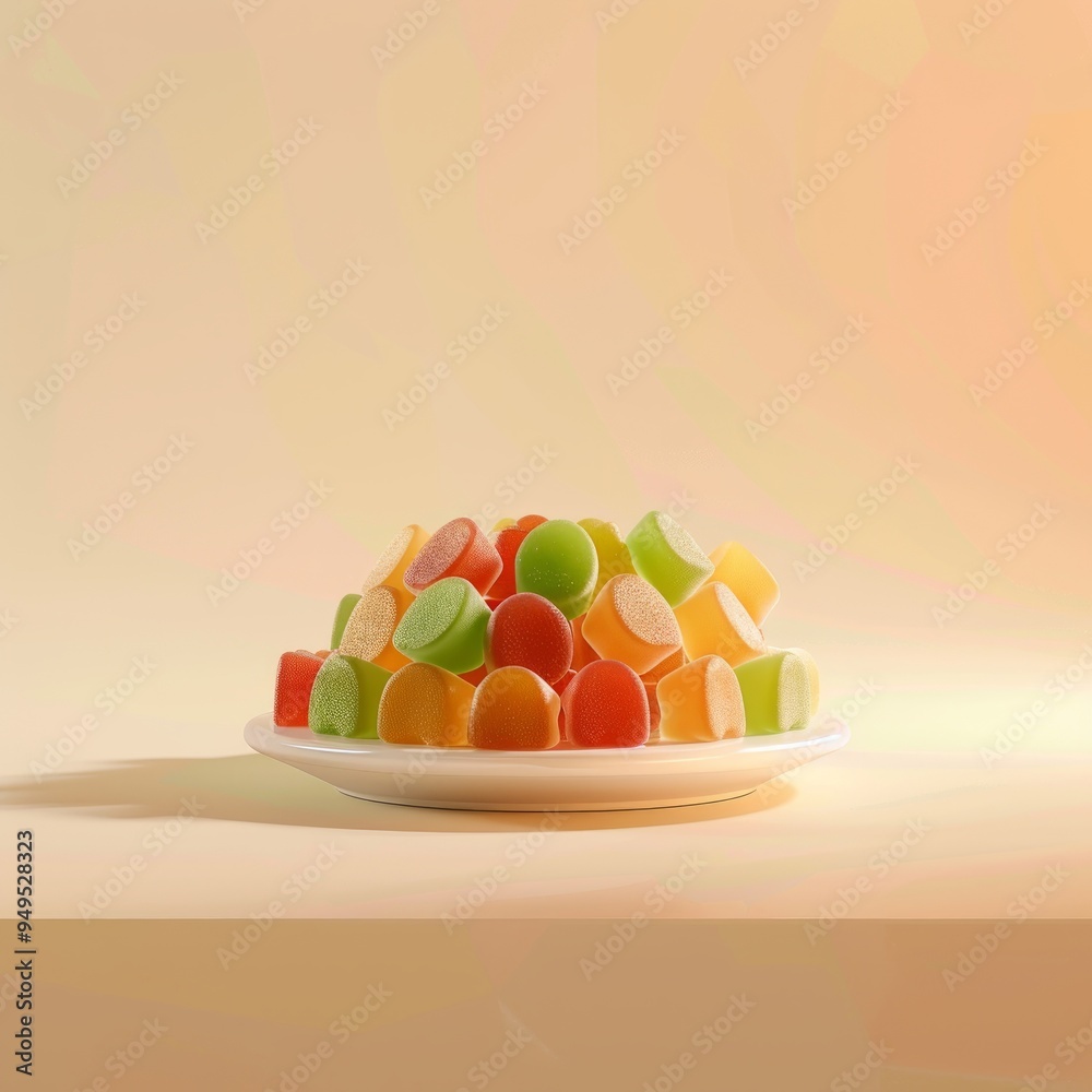 Wall mural Colorful gummy candies on a white plate.