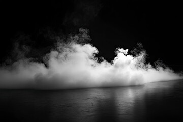 Fototapeta premium White smoke or fog flow on floor. Large mist in dark room on black background. Smoke on stage studio, ai
