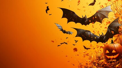 Autumn Halloween Theme with Flying Bats and Pumpkin on Vibrant Orange Background. 32k,