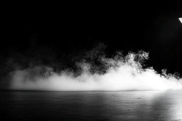 White smoke or fog flow on floor. Large mist in dark room on black background. Smoke on stage studio, ai