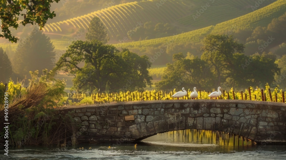 Poster a bridge over a river with three birds on it