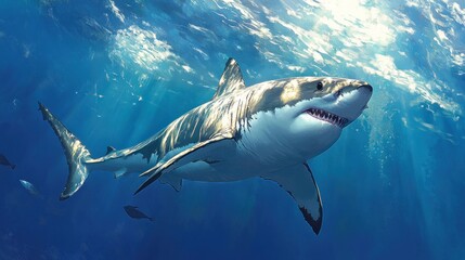 Fototapeta premium Great White Shark Swimming Underwater