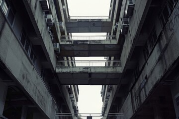 Fototapeta premium A very tall building featuring multiple balconies and sky bridges connecting different sections, Sky bridges connecting different sections of the building