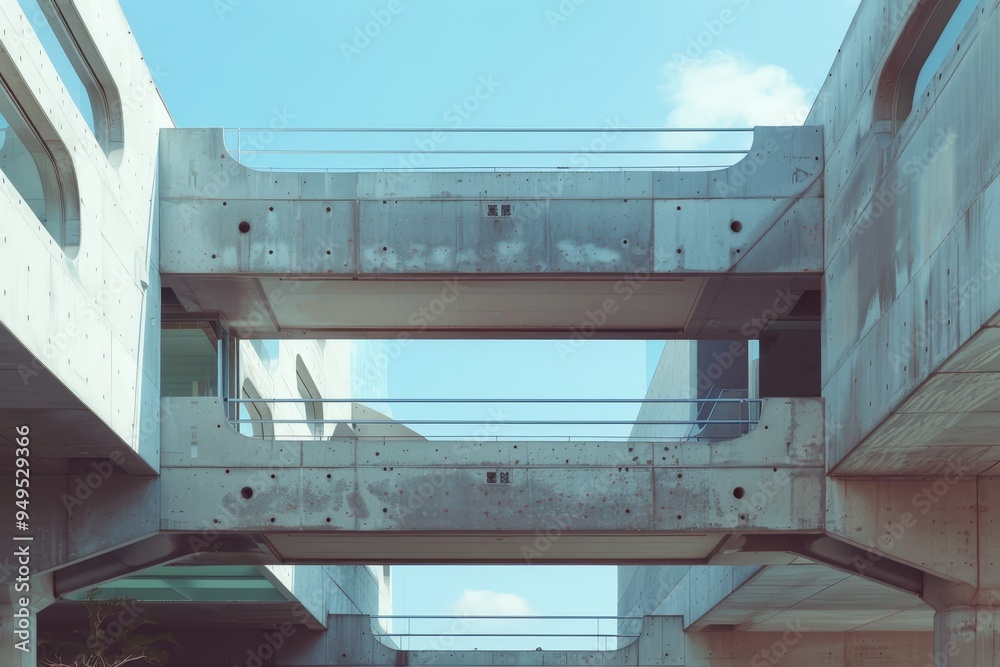 Poster two buildings positioned closely side by side with no space in between, sky bridges connecting diffe