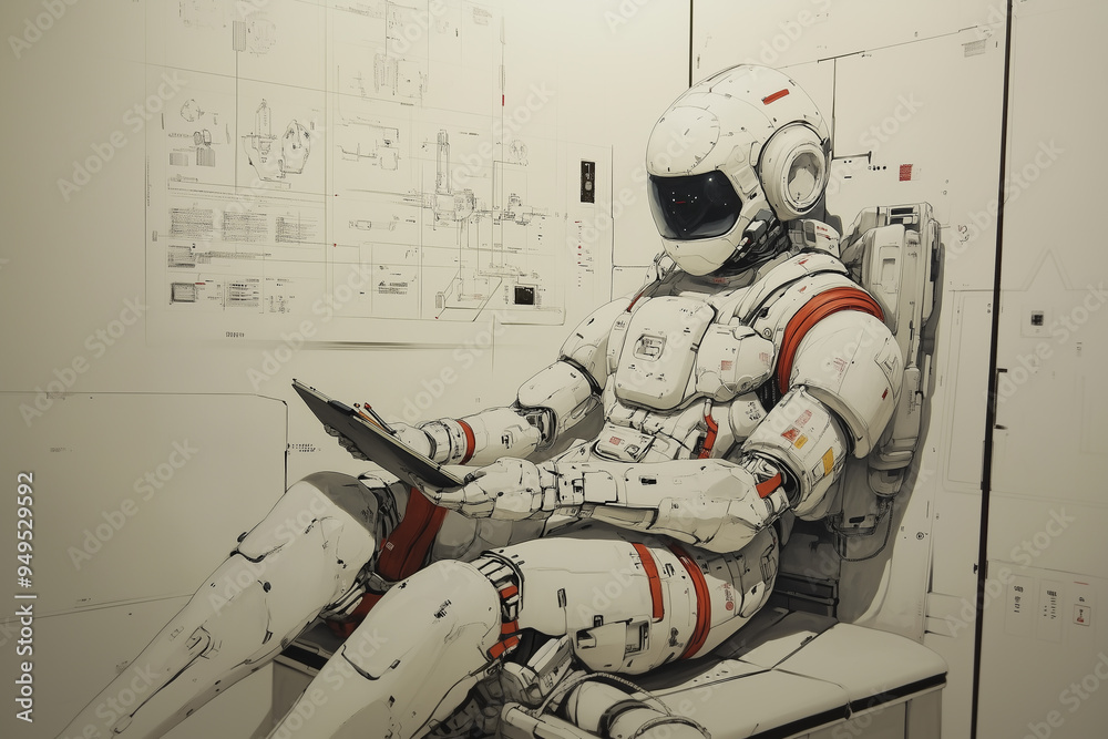 Aufkleber a futuristic, highly detailed illustration of a humanoid robot in a white and red suit, seated while