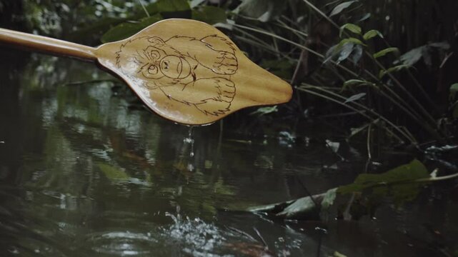 Close up of padel in small river in amazon rainforest as part of an eco lodge expedition