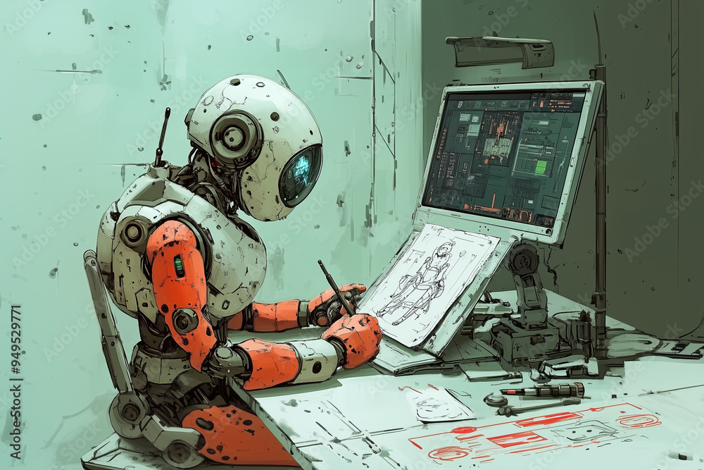 Poster A detailed illustration of a humanoid robot with orange and white armor, working at a futuristic workstation. The robot is sketching designs on paper while monitoring technical schematics on a screen.