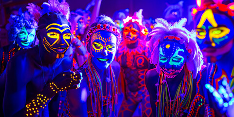 Neon Nights: A vibrant group of friends revel in the electrifying atmosphere of a neon party, their faces adorned with colorful glow-in-the-dark makeup, creating a captivating scene of unity and celeb