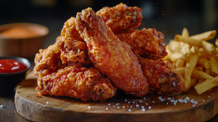 Fototapeta premium A pile of fried chicken wings on a wooden board, accompanied by side dishes such as fries and ketchup