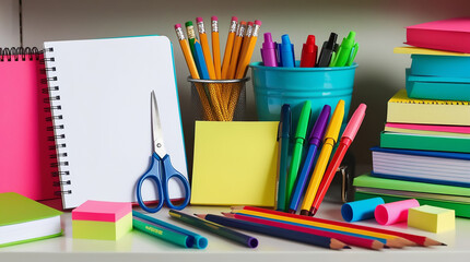 Colorful and Organized Still Life of School Supplies stationery items pencils colors notebooks calender display