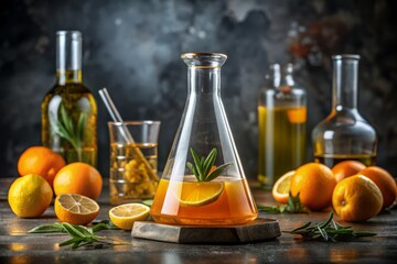 Erlenmeyer cocktail mix vintage scientific laboratory mixology classic cocktail refreshment citrus drink recipe social gathering evening events party mood