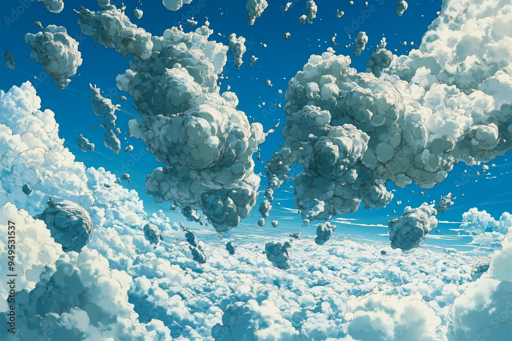 Poster a breathtaking illustration of a vast sky filled with dynamic, fluffy clouds floating against a deep