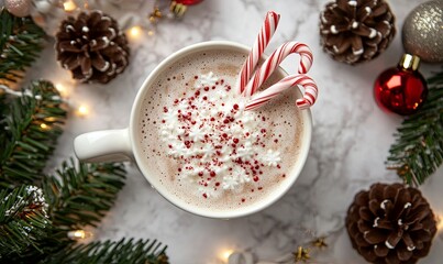 A mug of hot chocolate with a candy cane on top