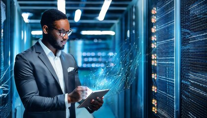 Cloud computing, data storage and cyber security concept.Business woman working on tablet. Generated image