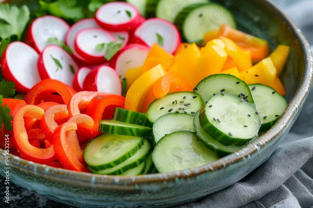 Wall mural A bowl filled with sliced cucumbers, carrots, and radishes, Sliced cucumbers, bell peppers, and radishes in a bowl