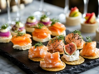 A black tray with a variety of appetizers including salmon, figs, and cheese