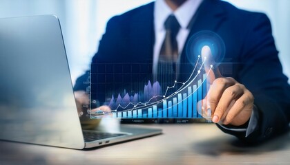 Marketing financial report, business development growth. Businessman touching to grow up..Generated image