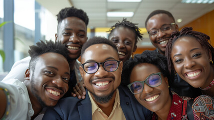 African business professionals, students, lawyer, a blend of men and women, radiate joy and exude a sense of camaraderie as they seize a light-hearted moment during their office break.