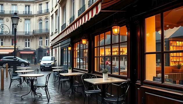 Parisian Cafe Terrace with Red Striped Awning and Wet Pavement