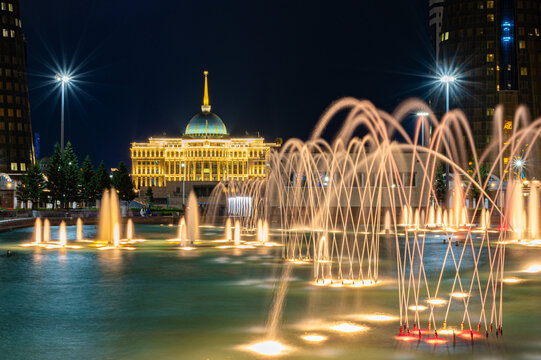 Fountains on the background of the palace of the President of Kazakhstan Akorda. Astana, Kazakhstan