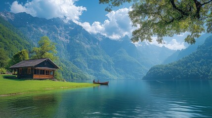 Fototapeta premium Couple fishing on a mountain lake with a stone cottage