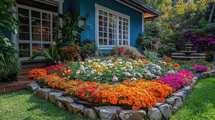 Colorful flowers blooming in a garden with a blue house
