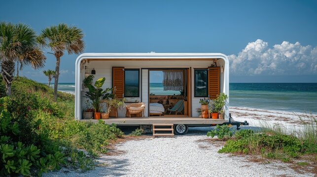 Modern tiny house on wheels parked by the sea offering tranquility and scenic views