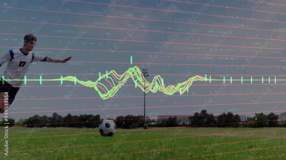 Poster soccer player kicking ball with performance data animation over field background