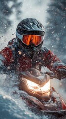 Snowmobile driver racing through deep snow in forest