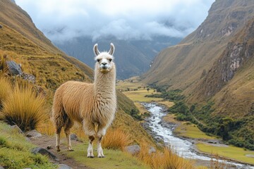 llama standing on mountain pasture with snowcapped peak in background