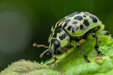 Close up view of a unique beetle with intricate markings resting on a leaf, Small, yet striking in its unique markings