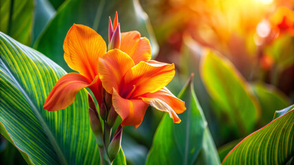 Fototapeta premium Vibrant Orange Canna Lily Blossom Against Lush Green Foliage. Sunlight Illuminates The Flower.