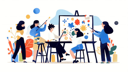 Obraz premium An adult learning concept image featuring private or group art lessons. The scene shows a diverse group of adults engaged in various art activities