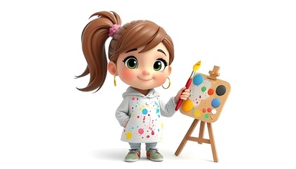 Cute Cartoon Girl Artist with Paintbrush and Palette