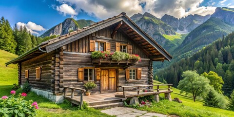 Obraz premium Rustic alpine chalet with weathered wooden slats in Bavarian mountains surrounded by lush greenery