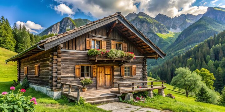 Rustic alpine chalet with weathered wooden slats in Bavarian mountains surrounded by lush greenery