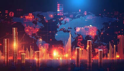 Global Currency Stacks and Digital World Map with Data