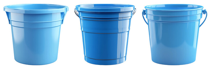 Three blue plastic buckets lined up isolated on transparent background
