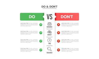Obraz premium Comparative infographics design template. Do or Do not for Business. Business presentation, Strategy and Planning. Vector illustration.