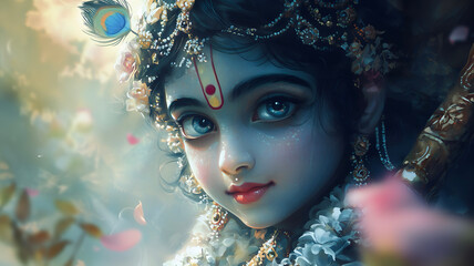 Head shot of little Krishna, showing a sense of divine innocence and joy.