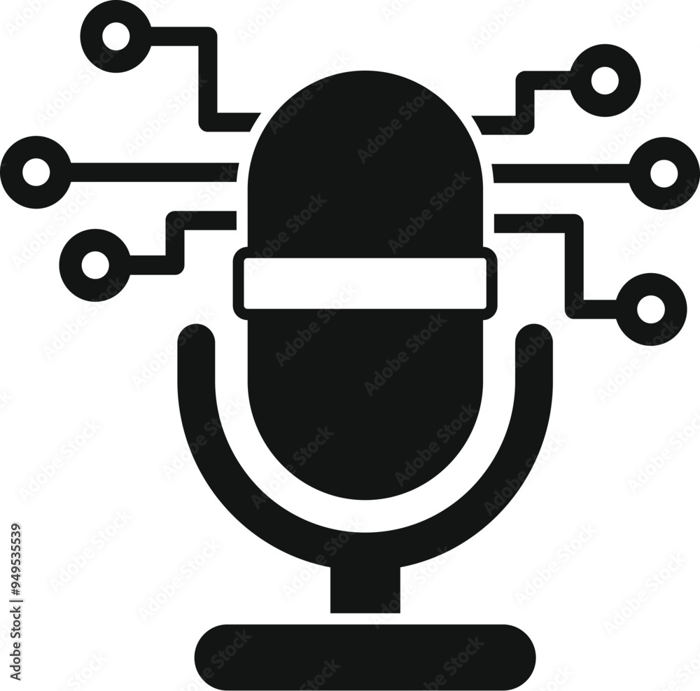 Poster black glyph icon representing a microphone sending data through a neural network, for voice recognit