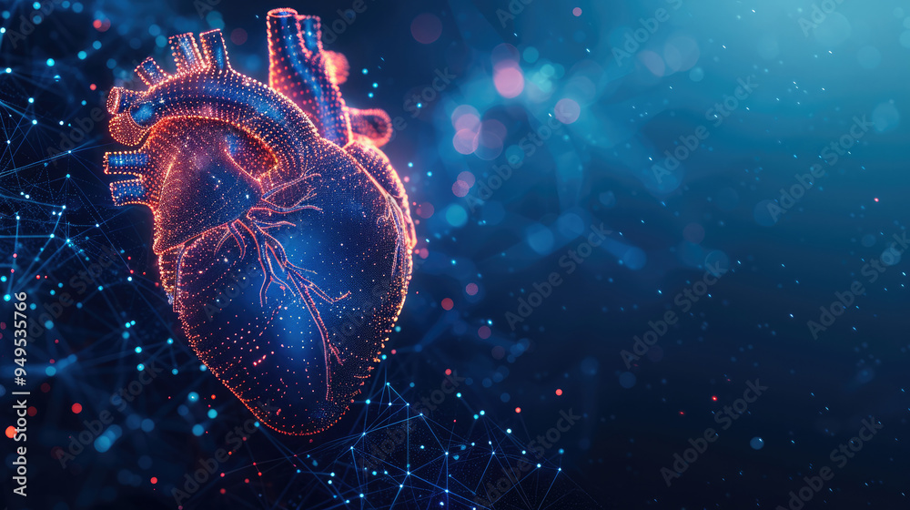 Poster abstract digital human heart with holographic elements on a blue background, a technology and medici