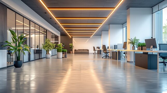 A smart lighting system automatically adjusting to the environment in a modern office. Generative AI.