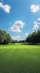 Fototapeta premium A large, open field with a golf course in the middle. The sky is blue with clouds scattered throughout. The trees are lush and green, providing a serene and peaceful atmosphere