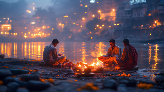 Three Hindu men are conducting a ritual at the riverbank during Pitru Paksha