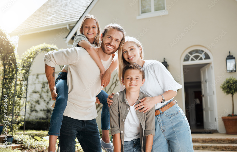 Sticker Smile, family and portrait at new home with real estate, property and investment with love. Parents, kids and backyard steps with care, support and happy from purchase together with bonding in France