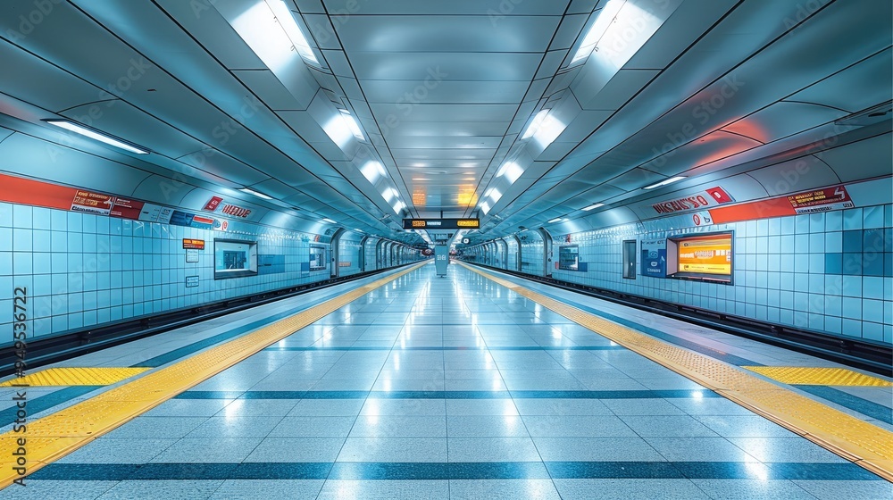 Poster Bright and tidy subway station. Generative AI.
