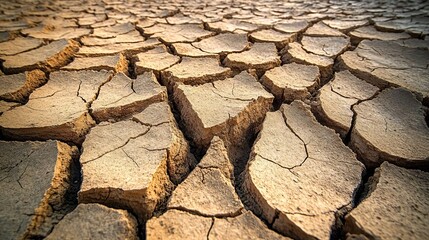 Close-up of cracked dry earth, showing deep fissures, high-definition textures, desolate and barren landscape, climate change concept, nature's rawness, monochromatic tones